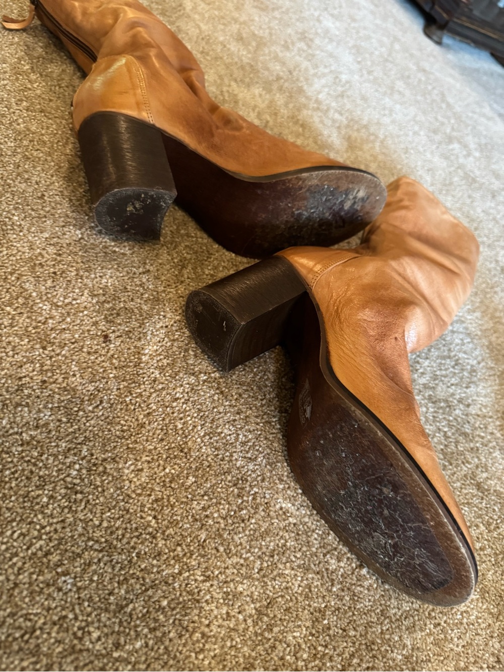 Free People Tan Leather Ellie Mid-Calf Slouch Block Heel Boots size 40 - Picture 6 of 9